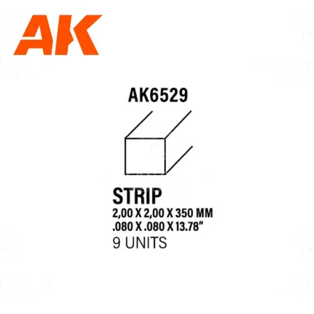 buy nowAK6529 Strips 2.00 x 2.00 x 350mm - STYRENE STRIP