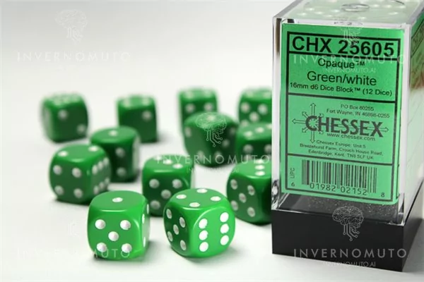 Chessex: CHX25605 D6 16mm Opaque Green/White (12)