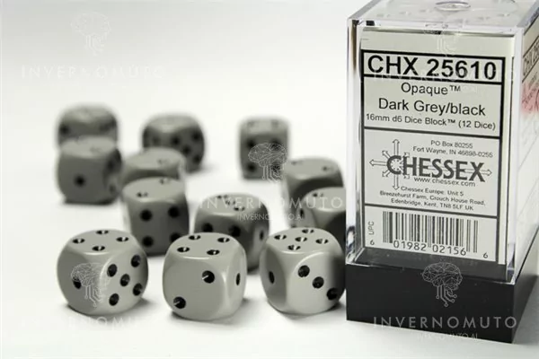Chessex: CHX25610 D6 16mm Opaque Dark Grey/Black (12)