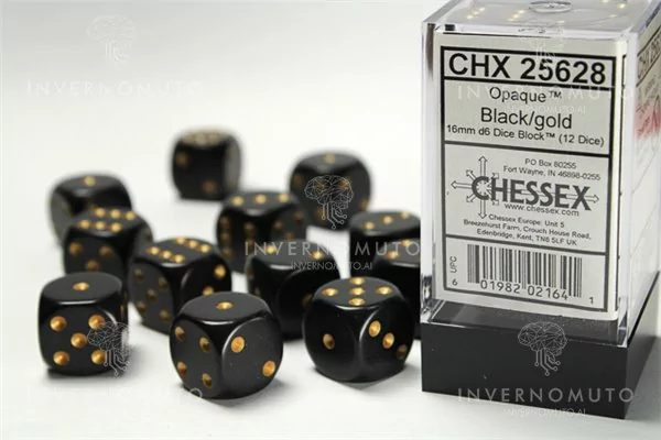 Chessex: CHX25628 D6 16mm Opaque Black/Gold (12)